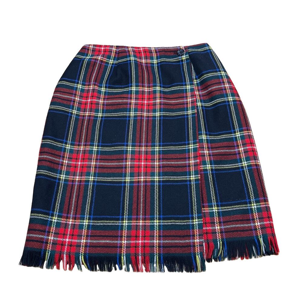Vintage Rafaella Red Tartan Plaid Wool Fringed Wrap Skirt Size 8 Academic Preppy